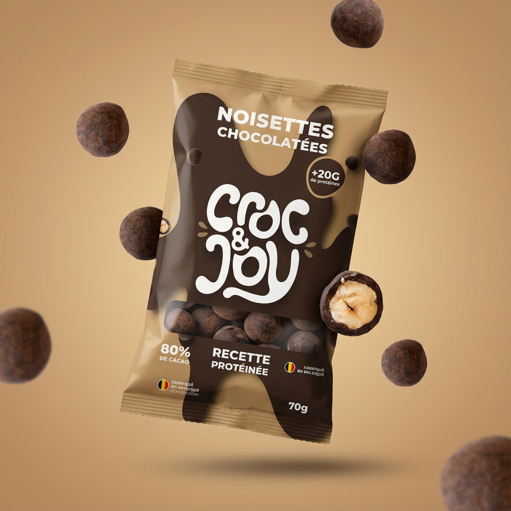 Sachet Noisettes Chocolatées Croc&Joy 70g - chocolat noir 80% cacao belge bio, 28g protéines