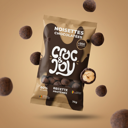 Sachet Noisettes Chocolatées Croc&Joy 70g - chocolat noir 80% cacao belge bio, 28g protéines