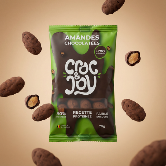 Sachet Amandes Chocolatées Croc&Joy 70g - chocolat noir 80% cacao belge bio, 28g protéines
